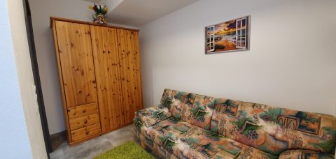 Wohnung Lena: Wohnraum mit Schlafsofa, Schrank und TV